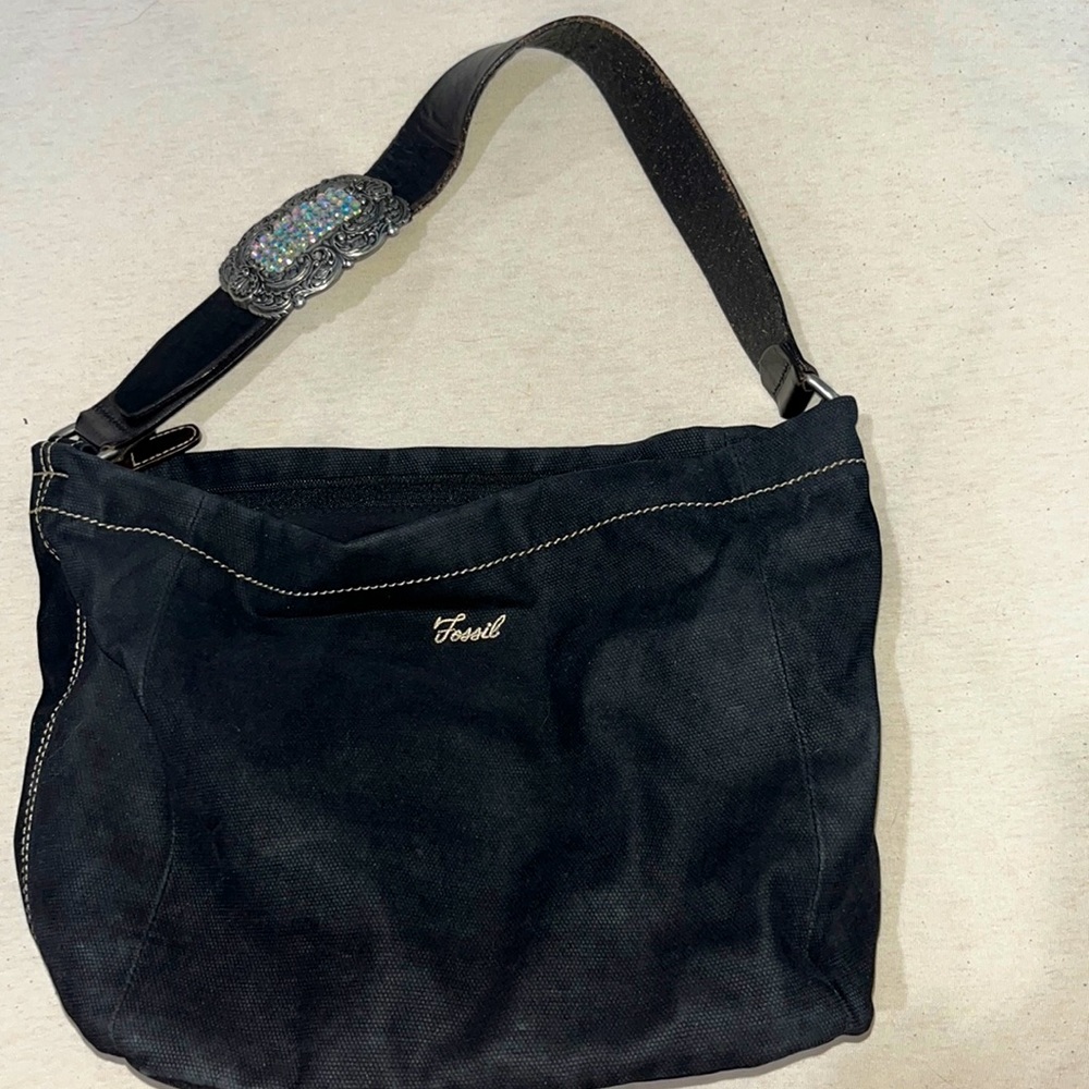Fossil black shoulder bag unique buckle on strap